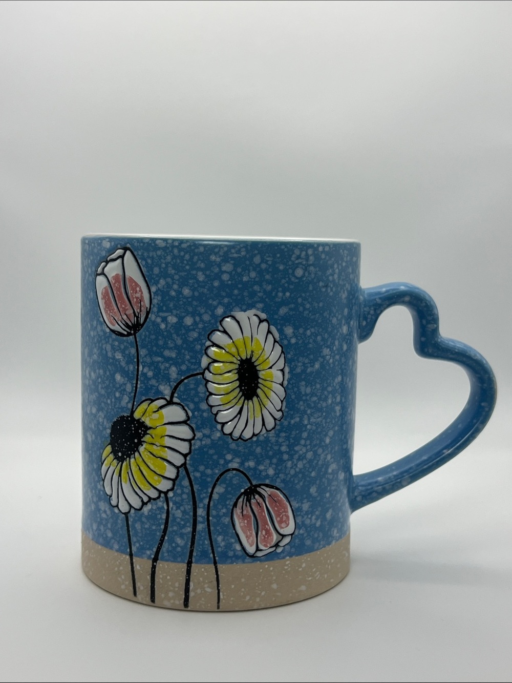 Set of 2 Blue and Green Floral Heart-Handle Ceramic Mug